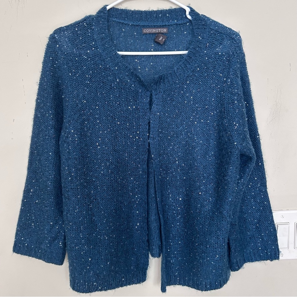 Covington Teal open-front sweater cardigan clear flecks 3 hooks closure. Sz L
